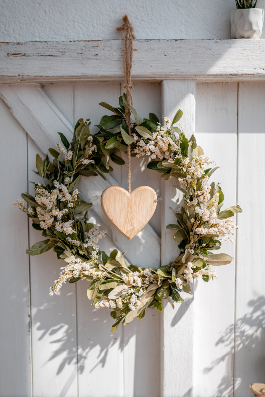 Frühlingskranz mit Holzherz und Blumen für Haustür