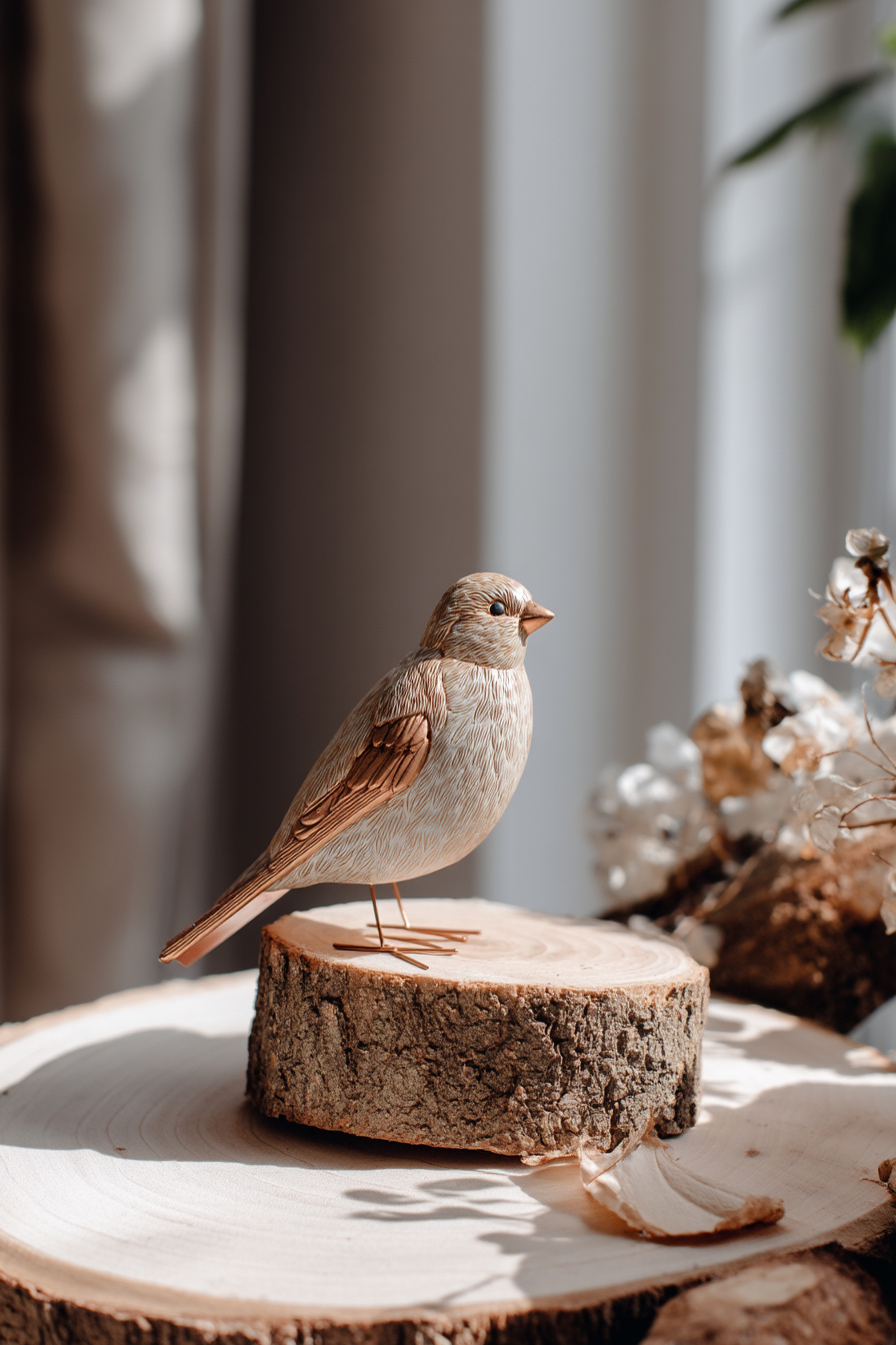 Metallvogel auf rustikaler Holzscheibe als Frühlingsdeko