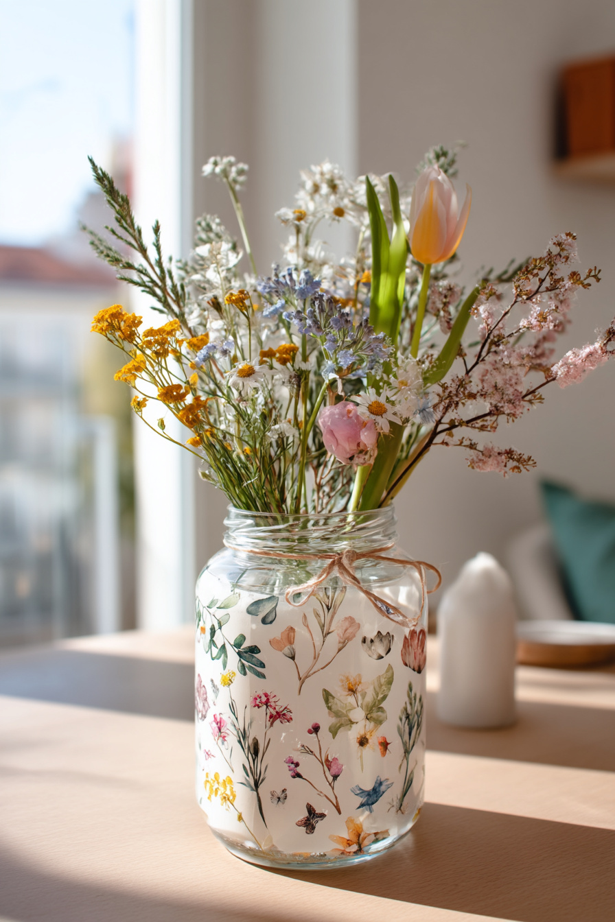 Glasvase mit bunter Serviettentechnik im Frühling