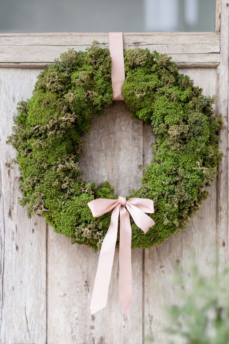 Mooskranz mit rosa Schleife an Holztür