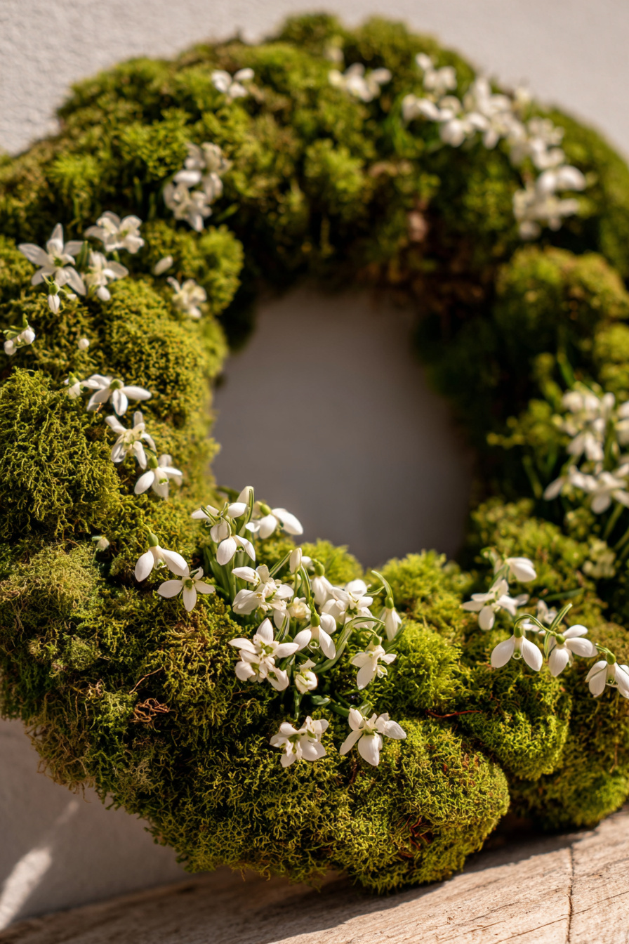 Mooskranz mit weißen Schneeglöckchen im Detail