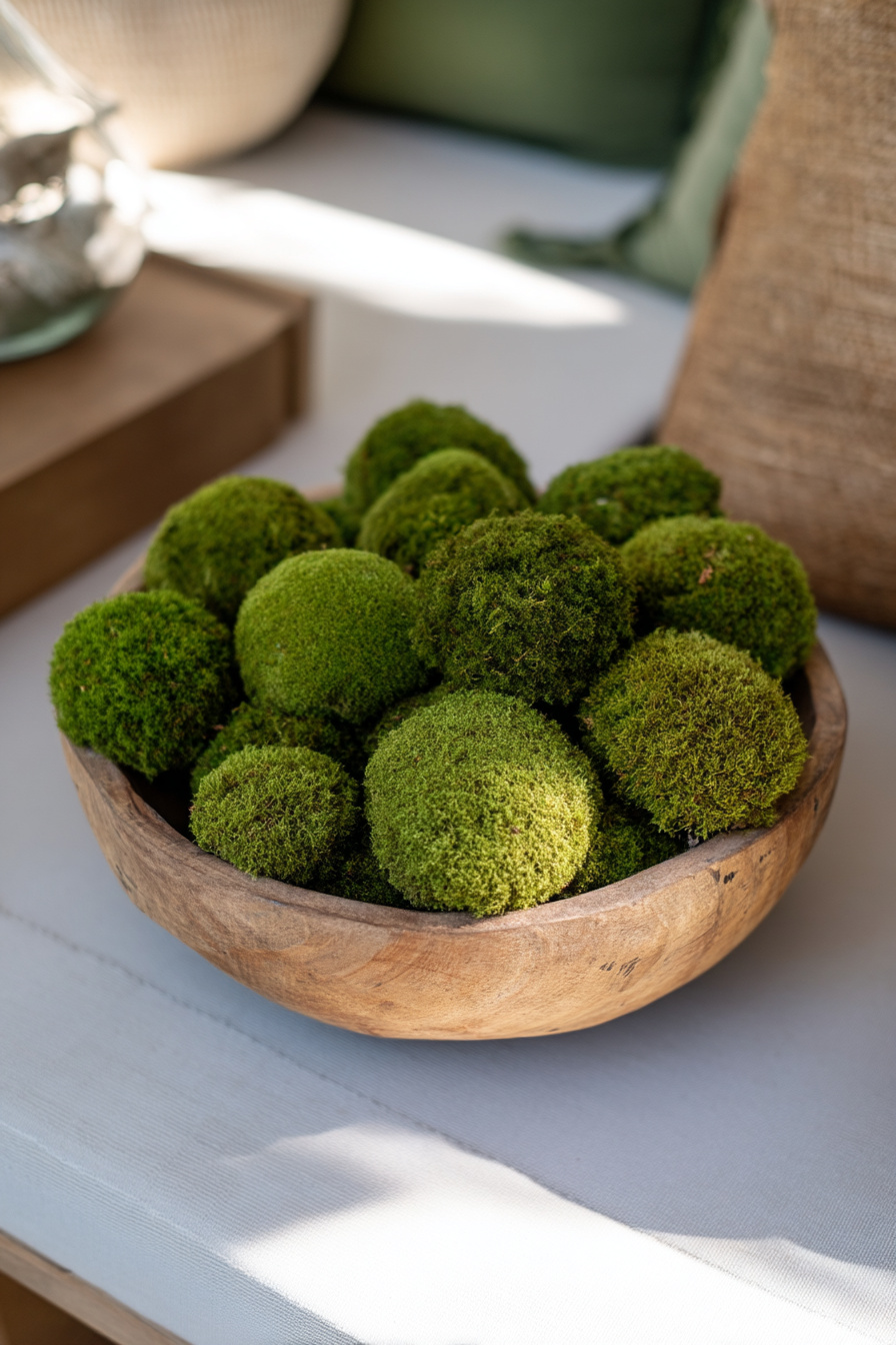 Mooskugeln in rustikaler Holzschale Frühlingsdeko