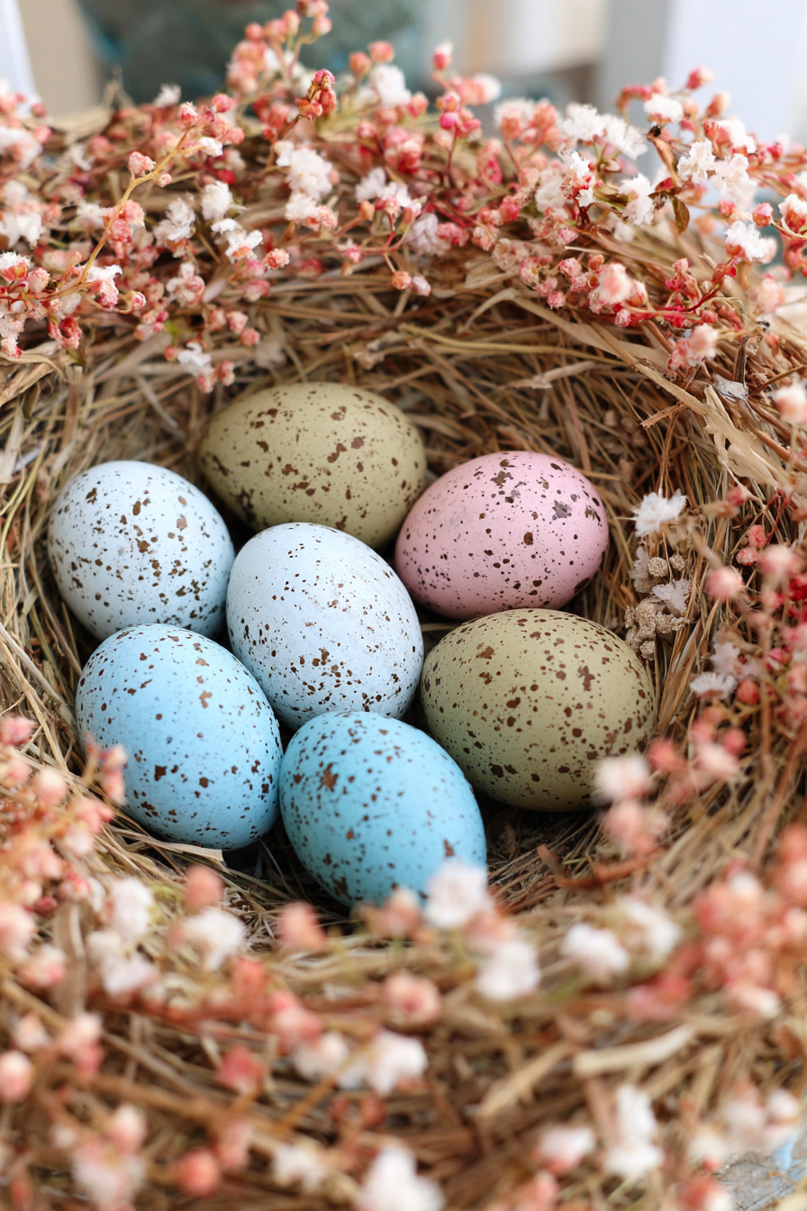 Frühlingskranz mit bunten Eiern und Blüten