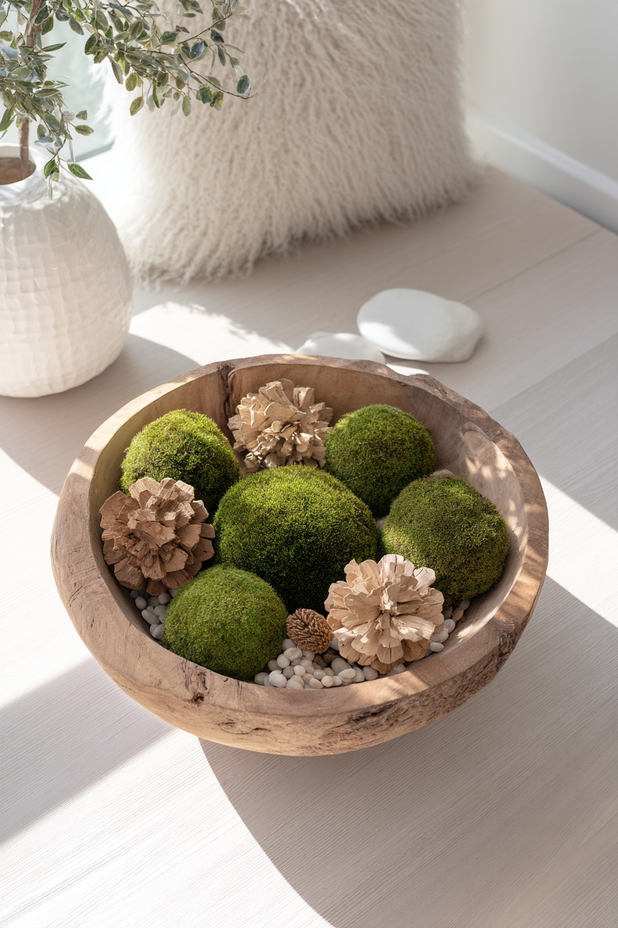Rustikale Schale mit Mooskugeln und Holzblumen