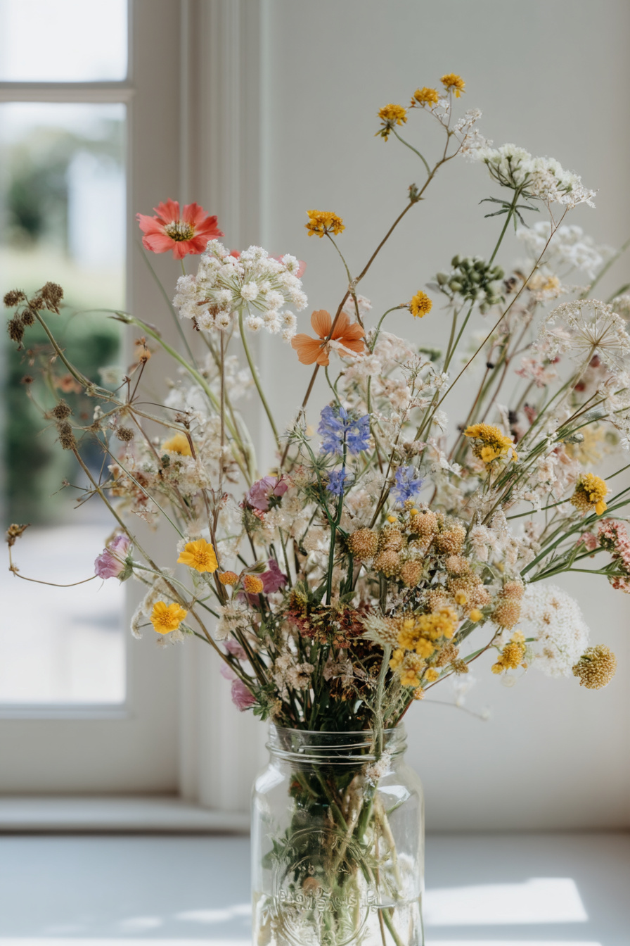 Mason Jar mit buntem Wildblumenstrauß im Frühling