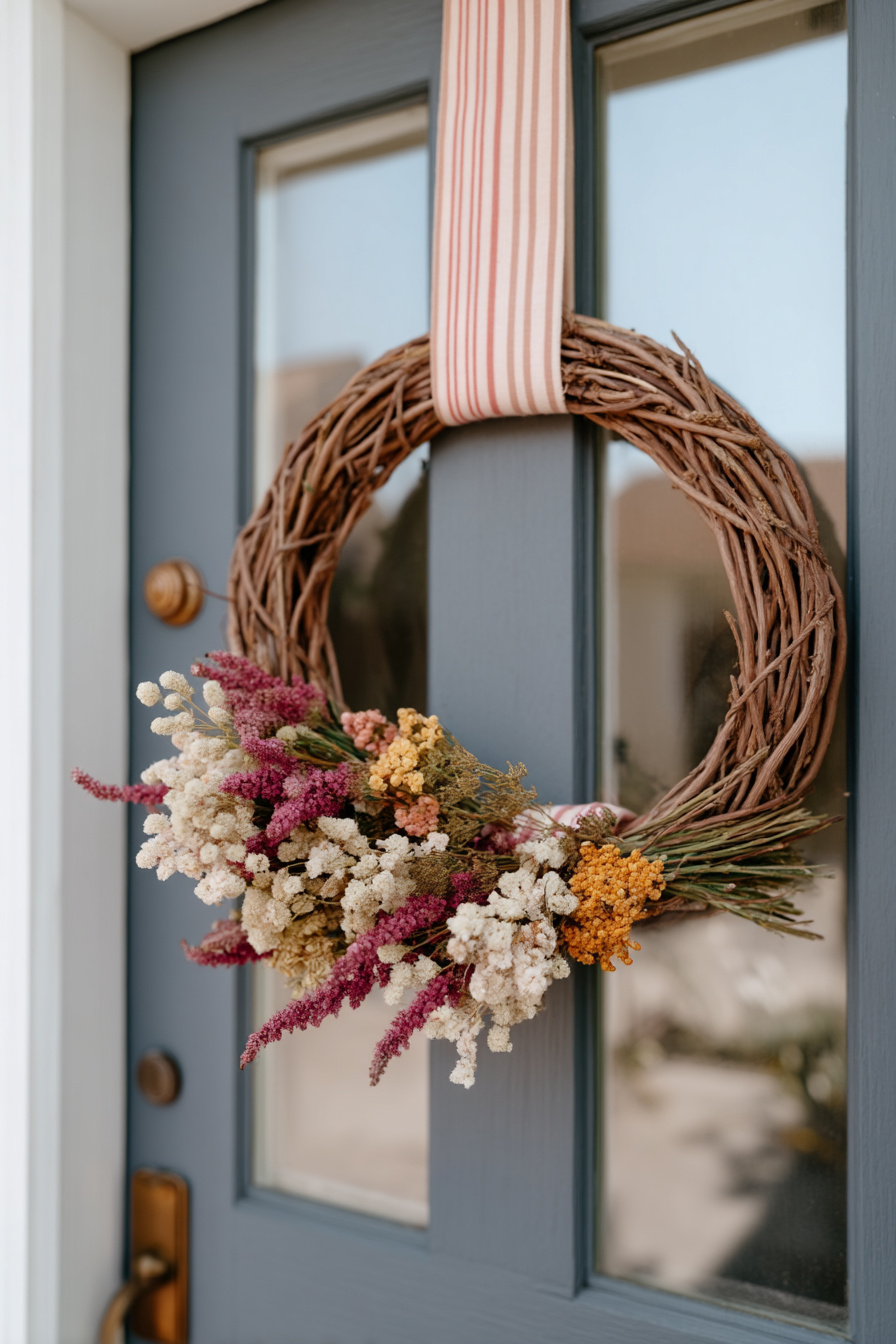 Türkranz aus Zweigen mit Pastellschleifen und Trockenblumen
