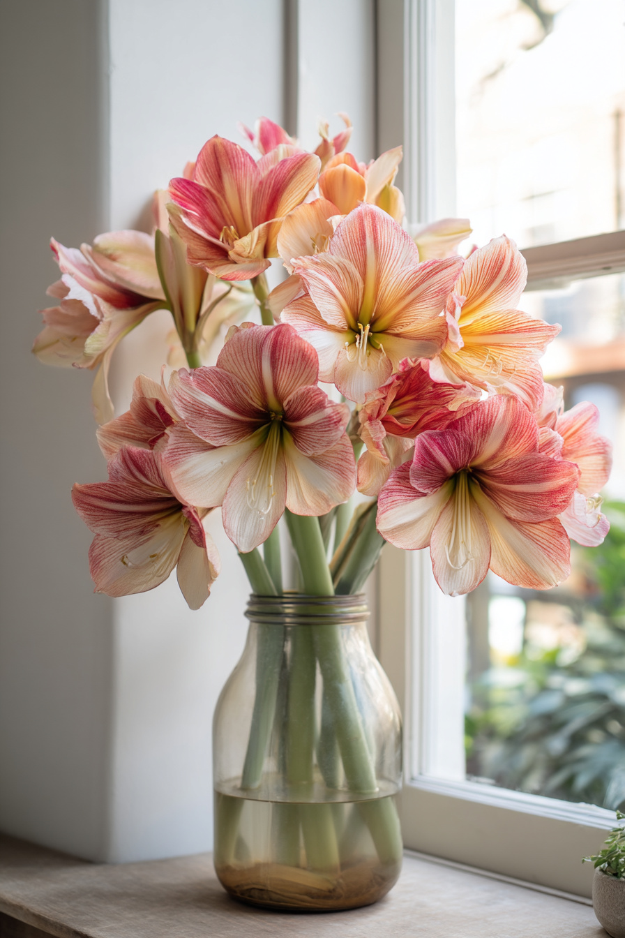 Vintage-Milchflasche mit bunten Amaryllis als Frühlingsdeko