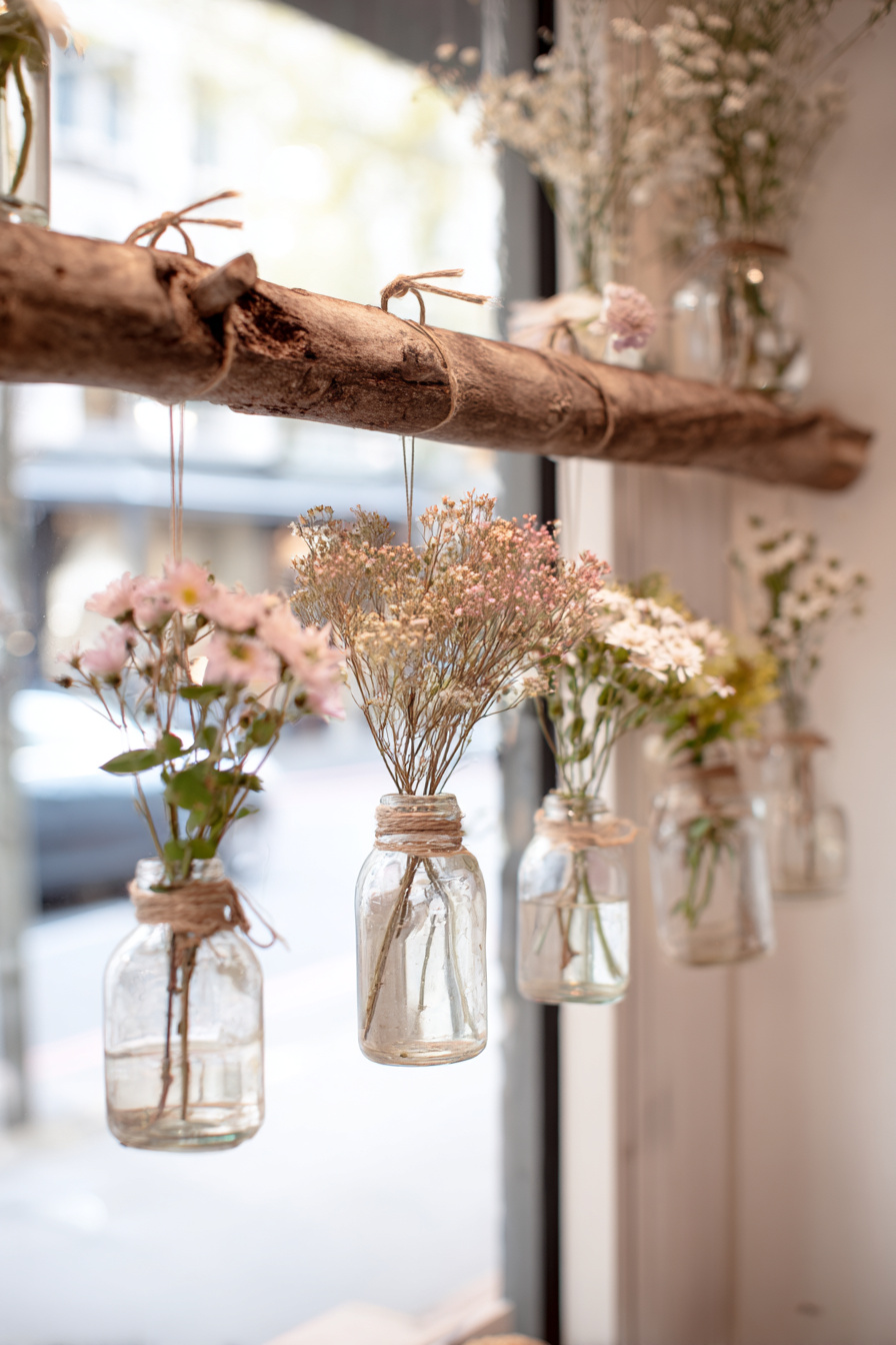 Ast mit Glasvasen und Frühlingsblüten an der Wand