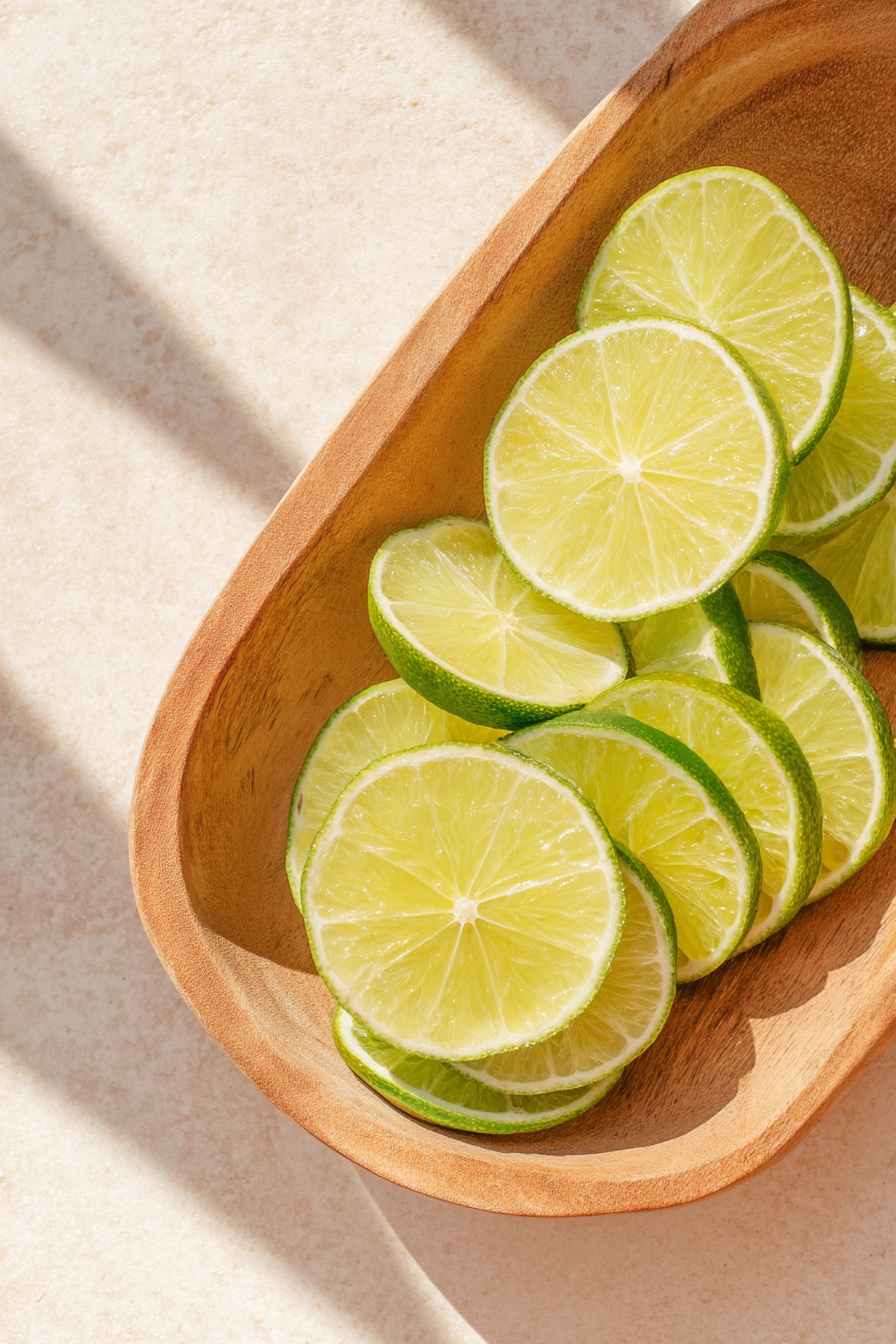 Limettenscheiben auf Holztablett als frische Tischdeko