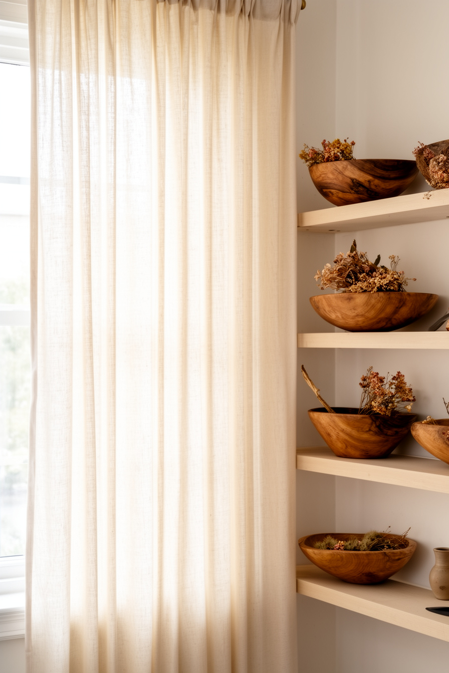 Baumwollvorhänge und natürliche Dekoration im Wohnzimmer