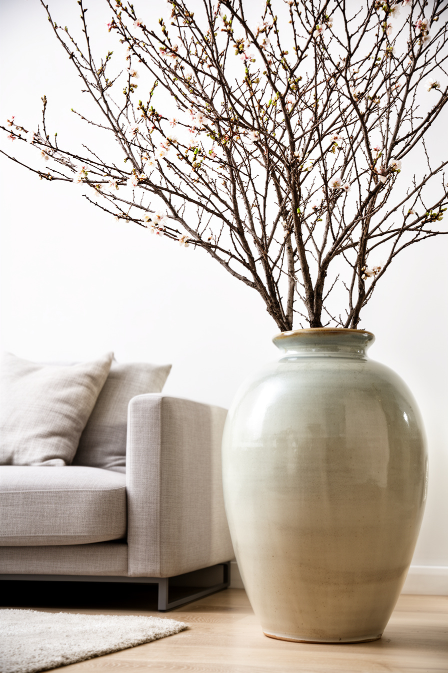 große bodenvase mit blühendem zweig wohnzimmer