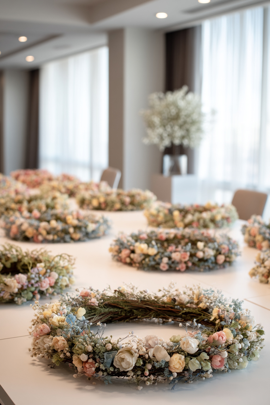 Runder Tisch mit Blumenkranz aus Pastellblüten dekoriert
