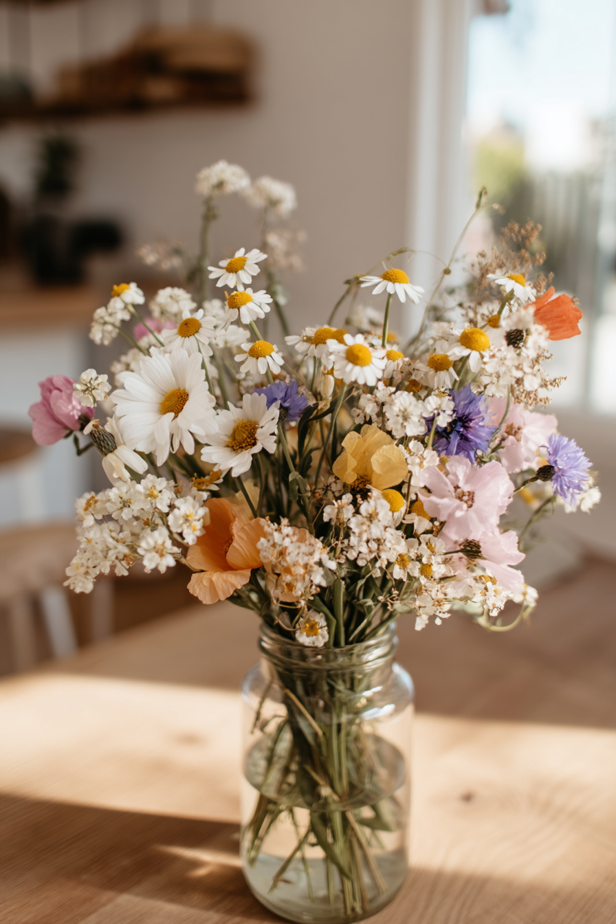 kleine glasvase mit wildblumen auf holztisch