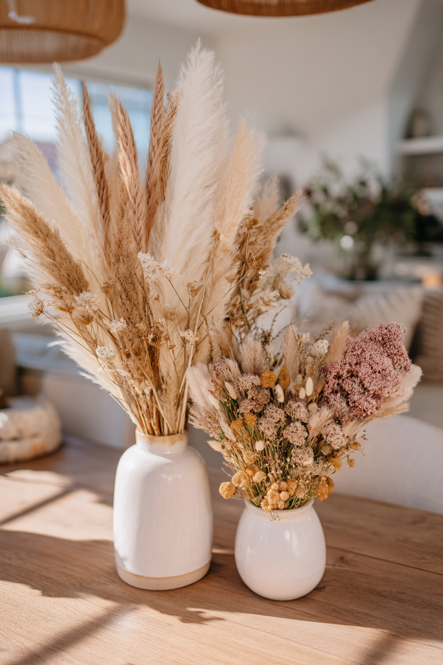 Boho-Vasen mit Trockenblumen und Gräsern als Hochzeitstischdeko