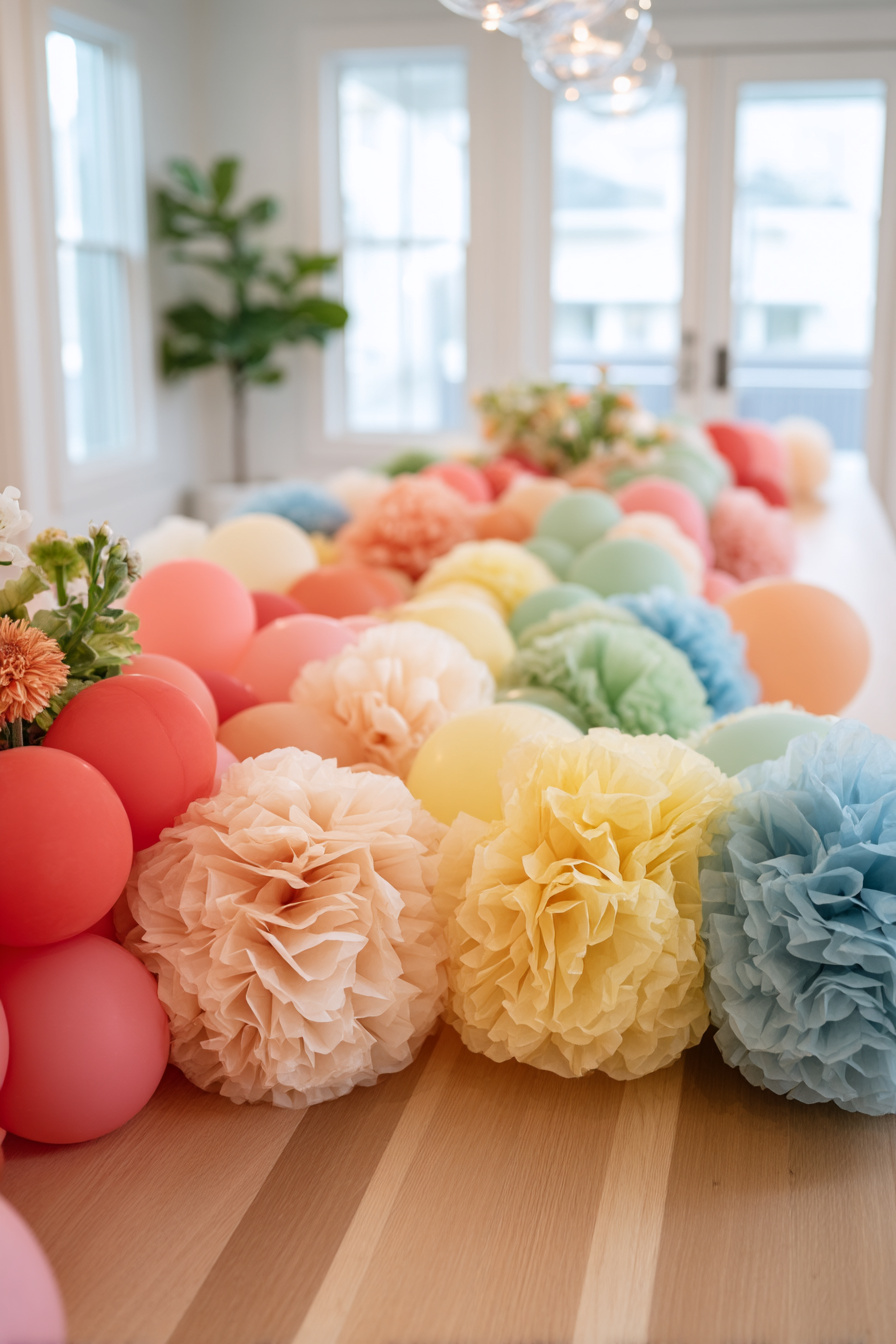 Bunte Papier- und Ballongirlande als Tischläufer im Sommer