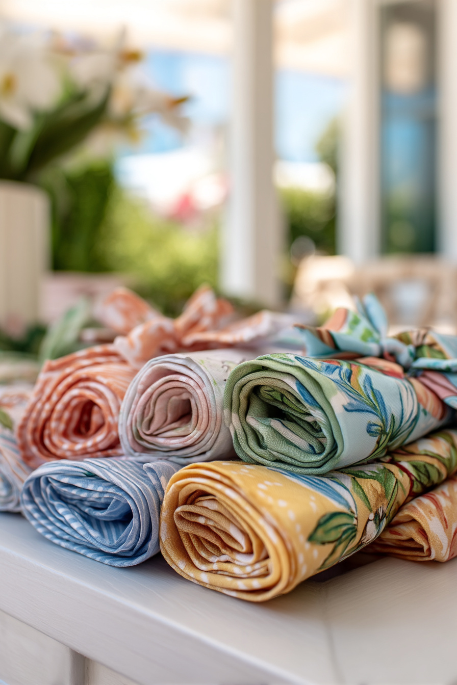 Bunte Servietten als Farbtupfer auf Sommer-Gartentisch
