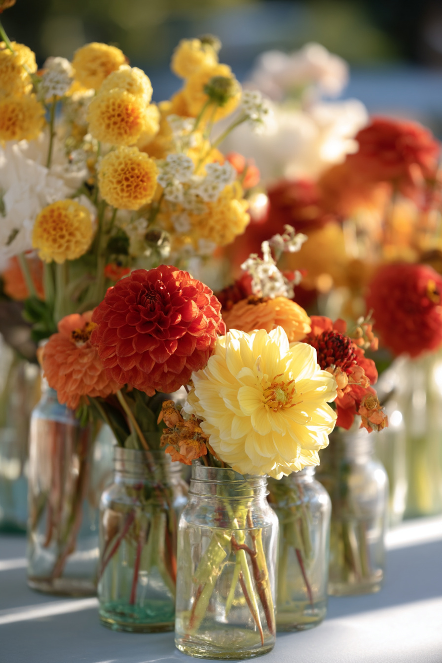 Bunte Sommerblumen in kleinen Glasvasen als Tischdeko