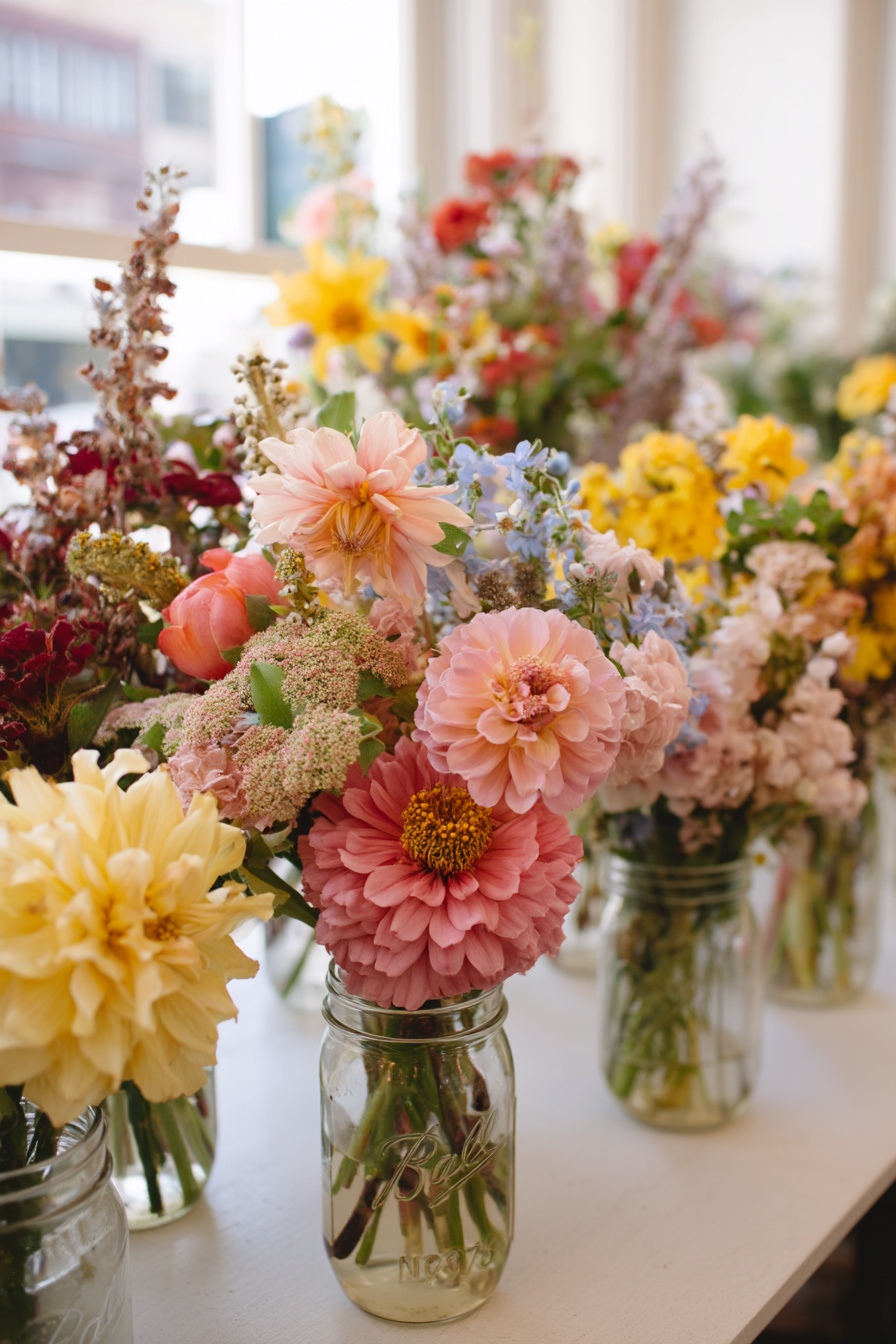 Sommerblumensträuße in Einmachgläsern als Hochzeitstischdeko