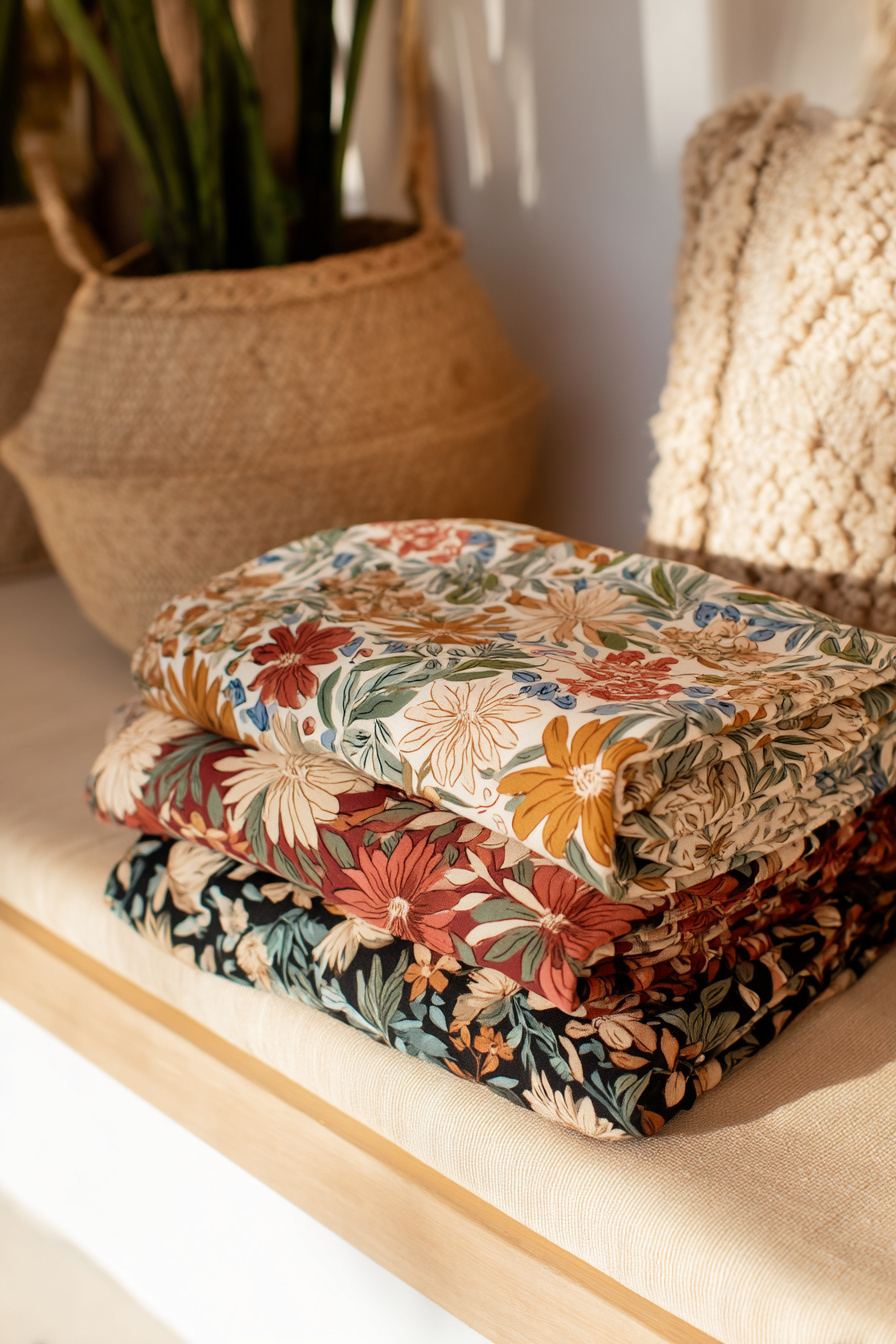 Bunte Stoffserviette mit Blumenmuster auf Sommertisch