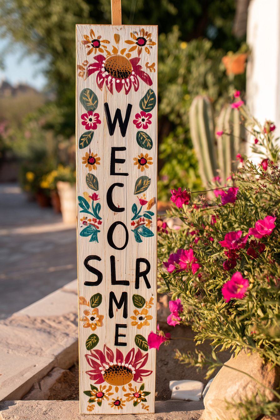 Buntes Welcome Summer Holzschild mit Blumenmotiv