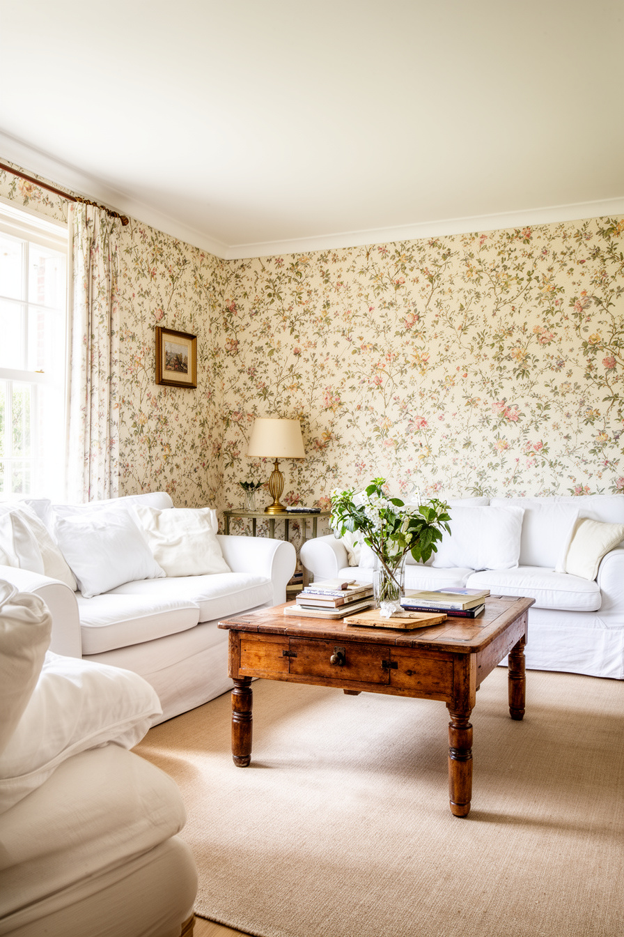 Wohnzimmer mit floralen Tapeten und weißen Sofas