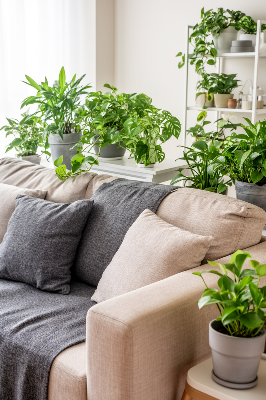 Graue und beige Couch mit grünen Pflanzen im Wohnzimmer