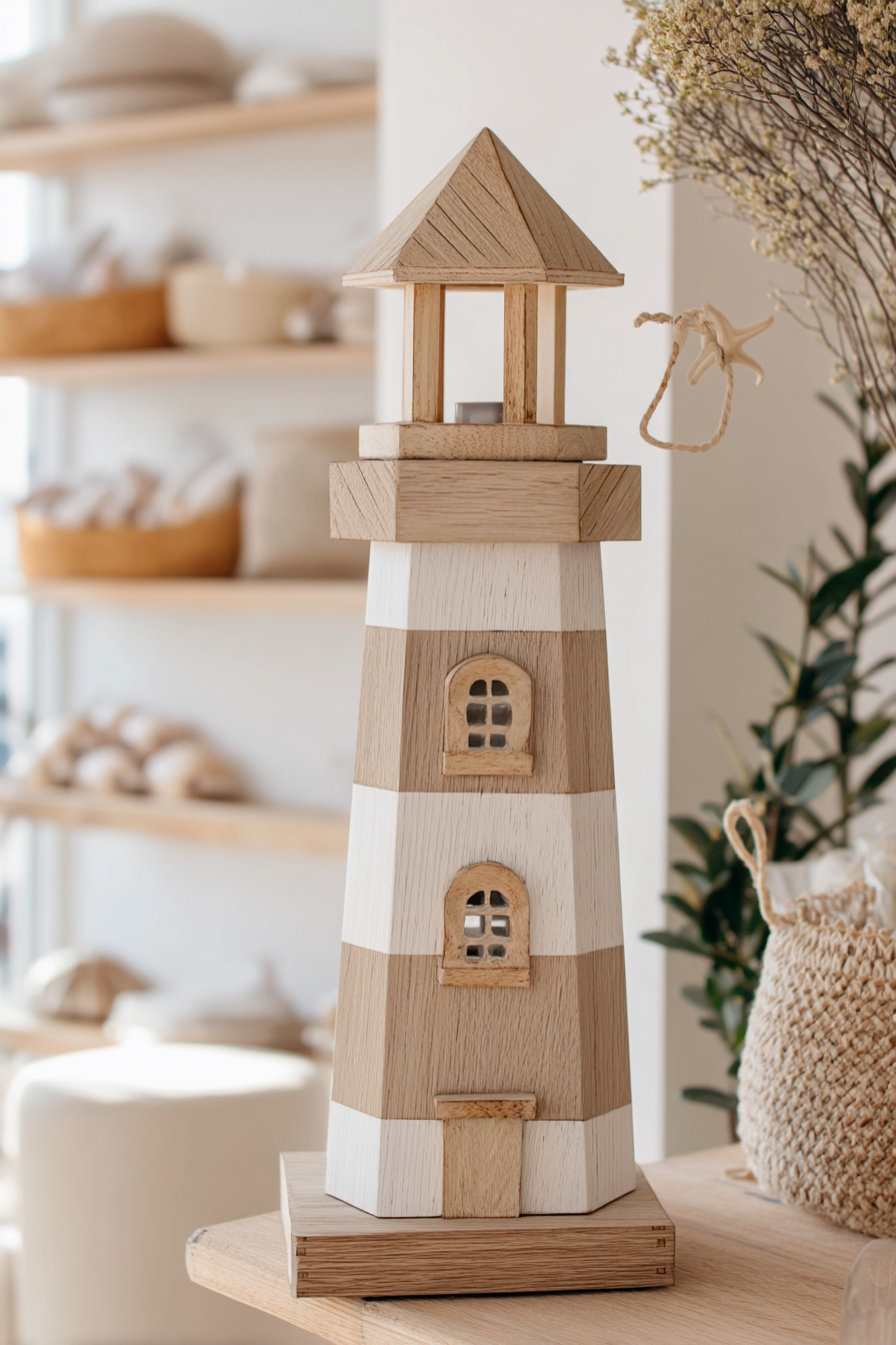 Holzleuchtturm als maritime Sommerdeko auf Holzsockel