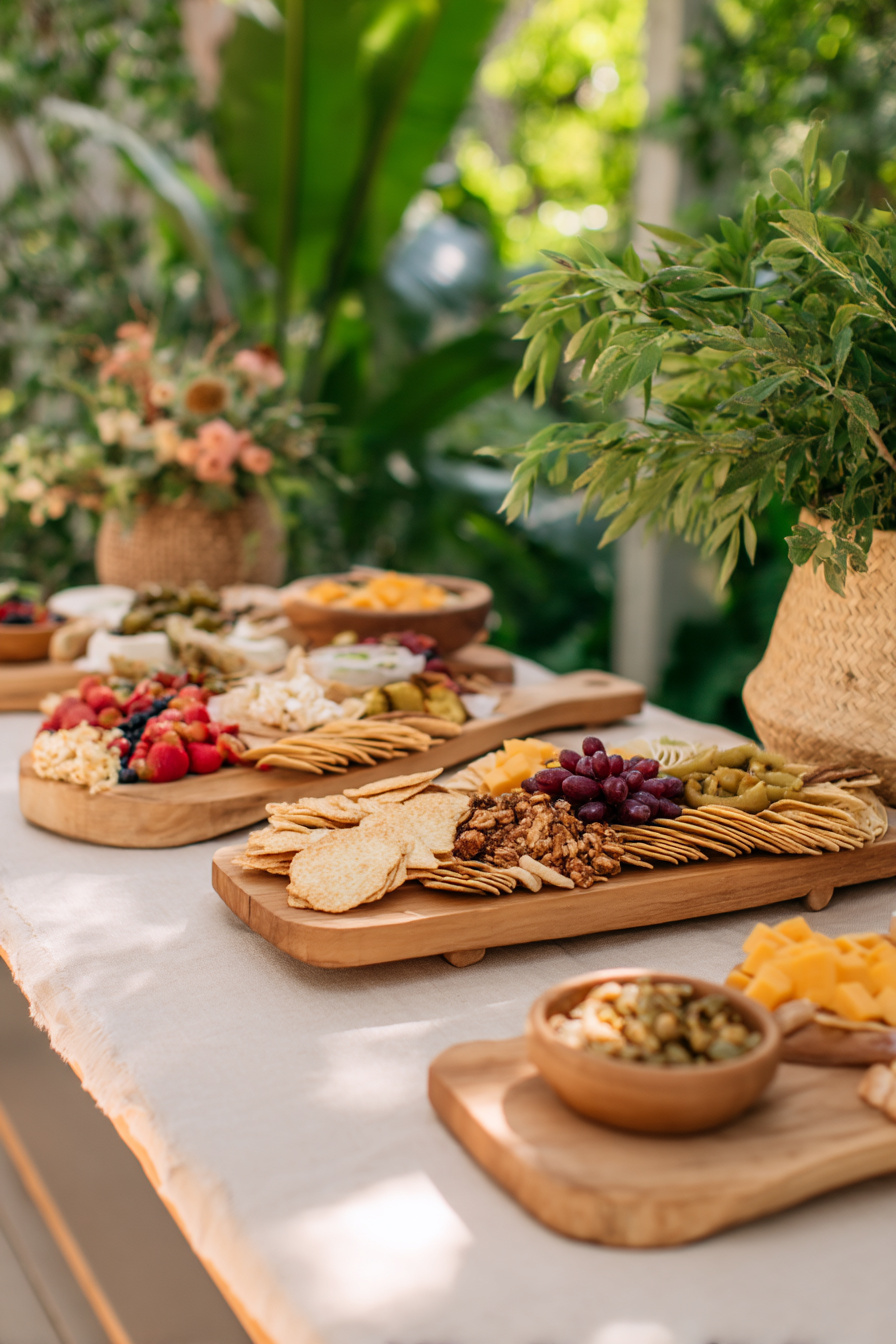 Holzbretter mit Snacks als Tischdeko Gartenparty