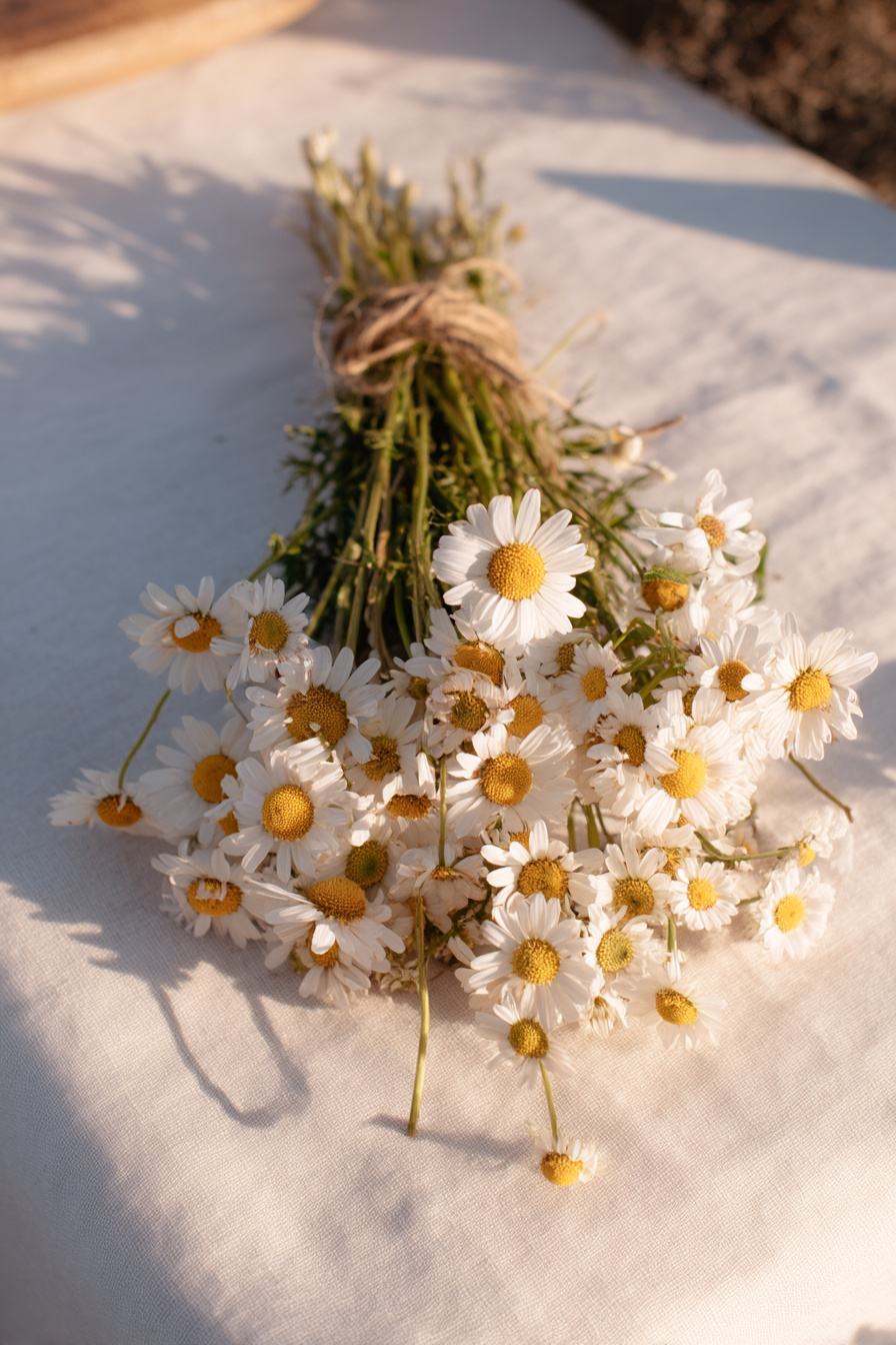 Gänseblümchen-Blumenring auf weißer Tischdecke, Nahaufnahme