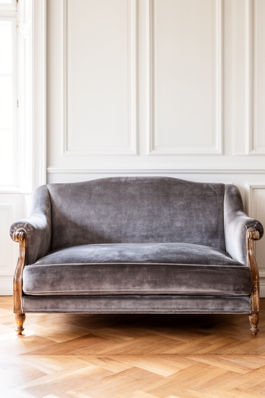 Vintage Wohnzimmer mit grauem Samtsofa im Landhausstil