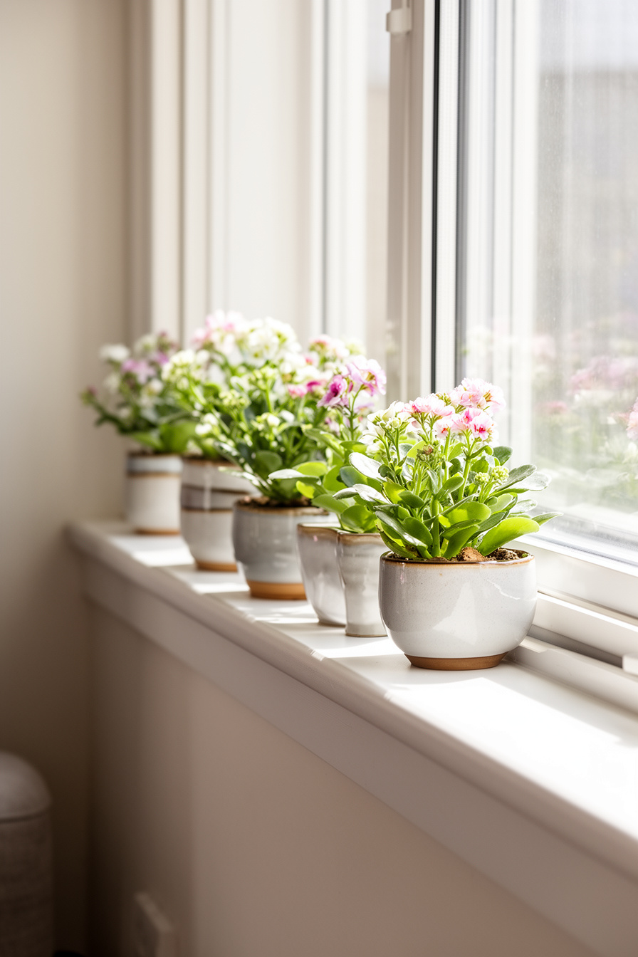 Fensterbank mit Blumen und Keramikvasen im Wohnzimmer