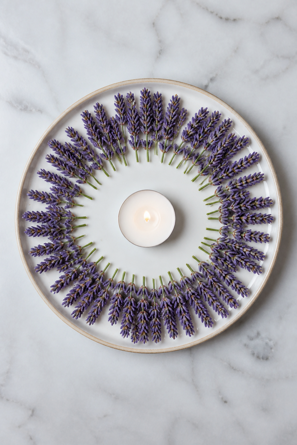 Kerzenteller mit Lavendel-Ring und Teelicht auf Tisch