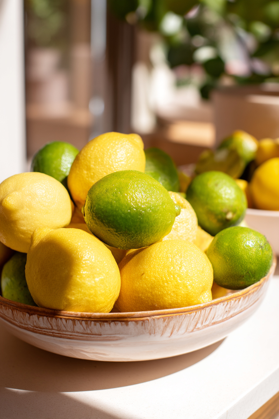 Deko-Schale mit frischen Limetten und Zitronen