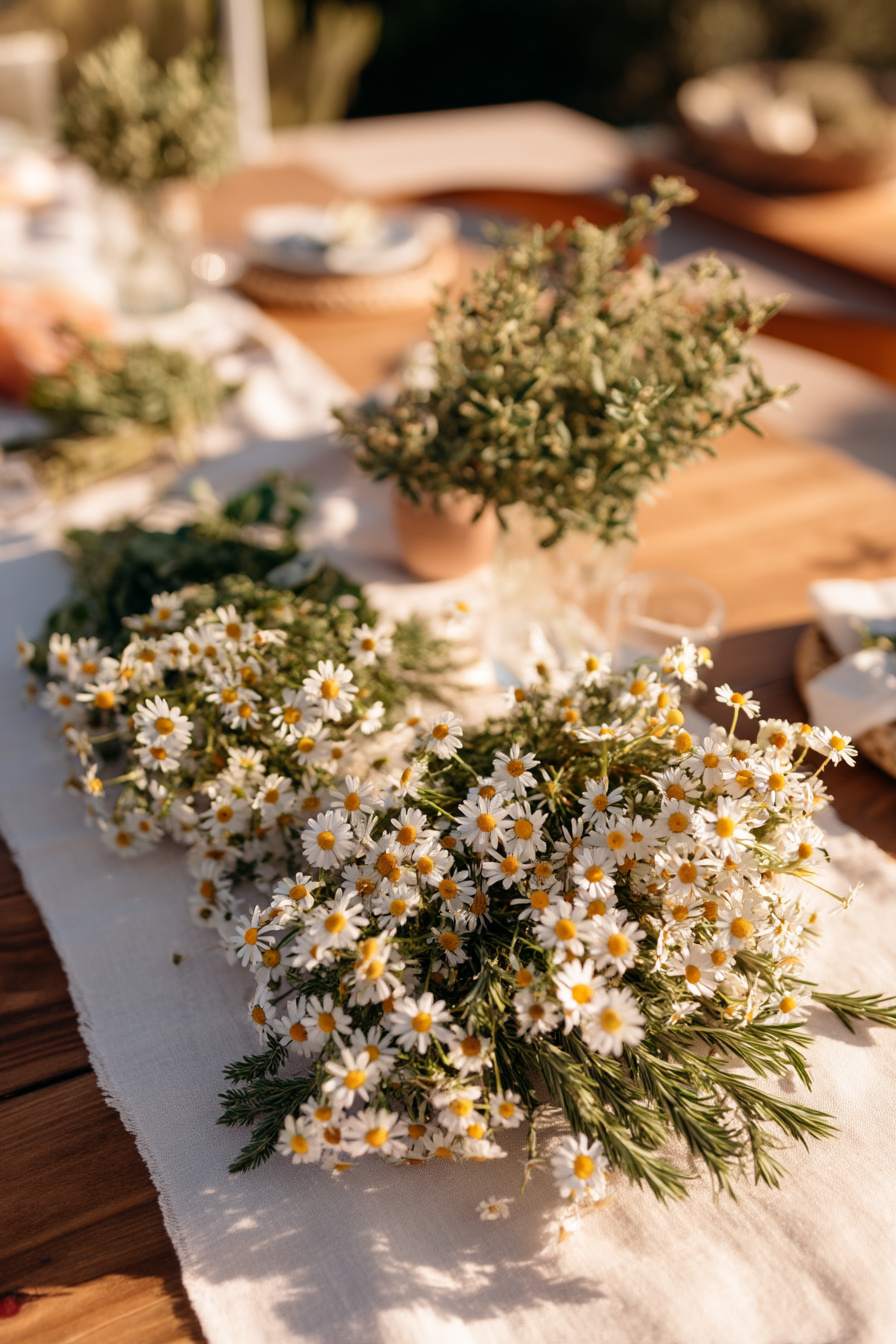 Gartenstil Tischdeko mit Gänseblümchen und Kräutern