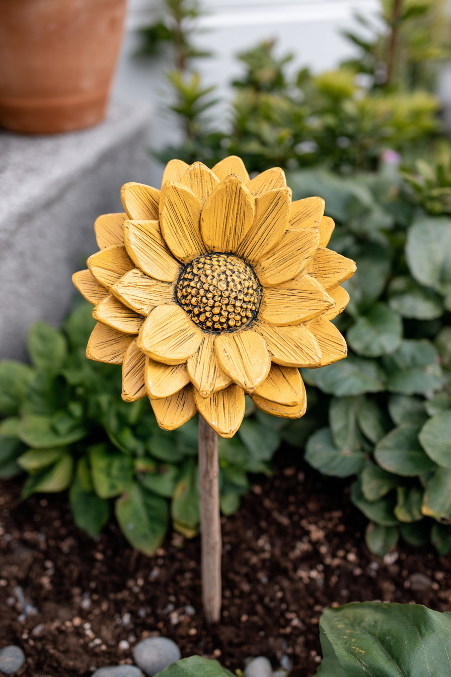 Handbemalter Sonnenblumen-Gartenstecker aus Holz in Blumenbeet