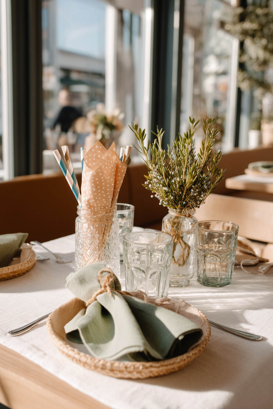 Gläser mit bunten Papierstrohhalmen als Sommerdeko