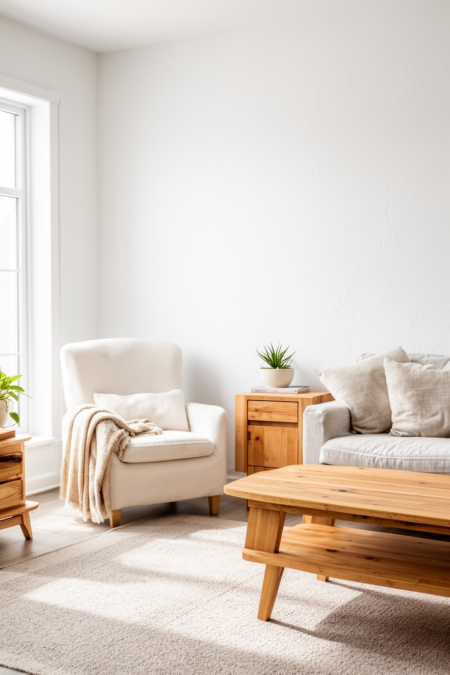 Modernes Landhaus Wohnzimmer mit weißen Wänden und Holzmöbeln