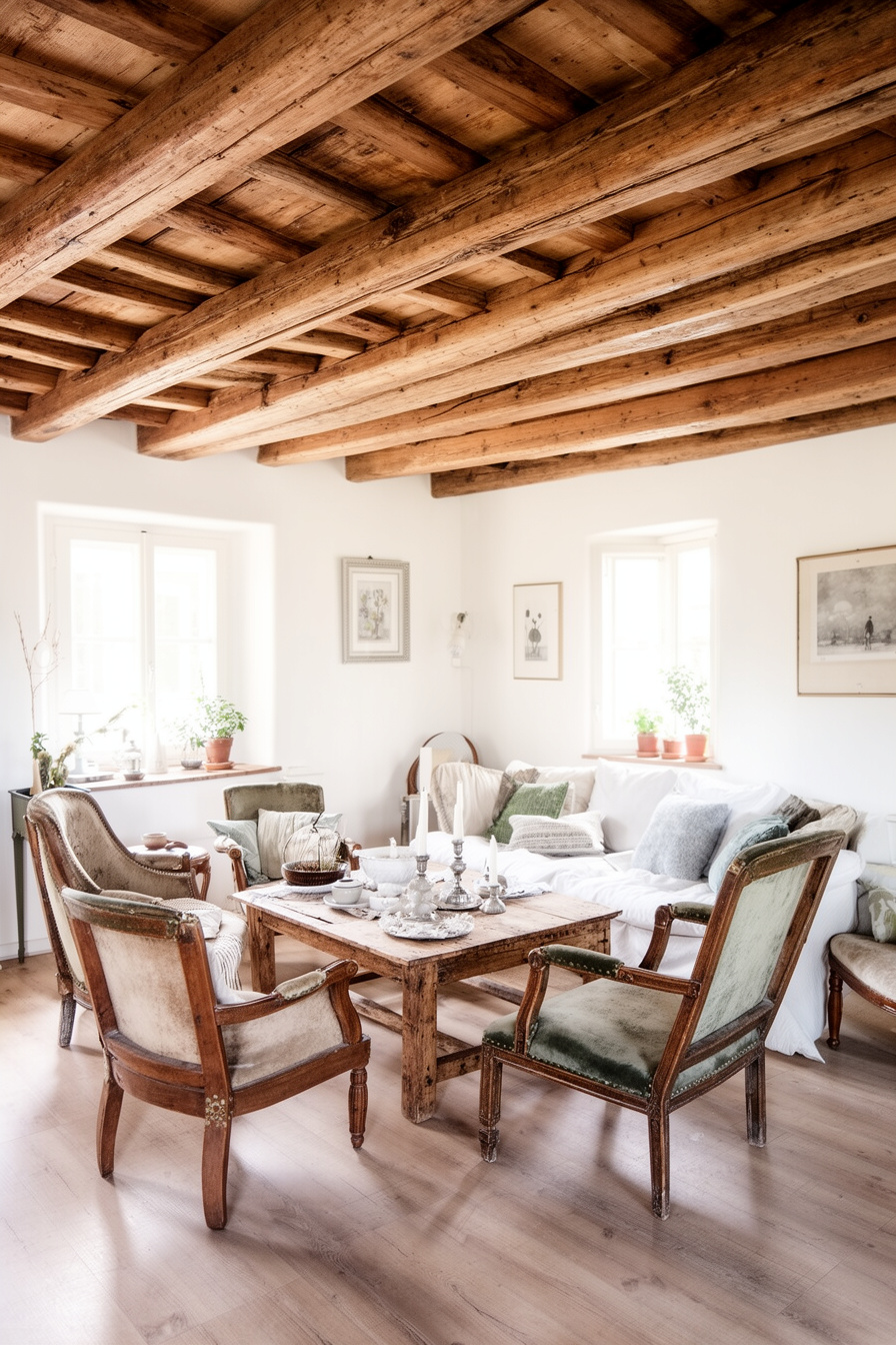 Wohnzimmer mit Holzbalken und Vintage-Möbeln