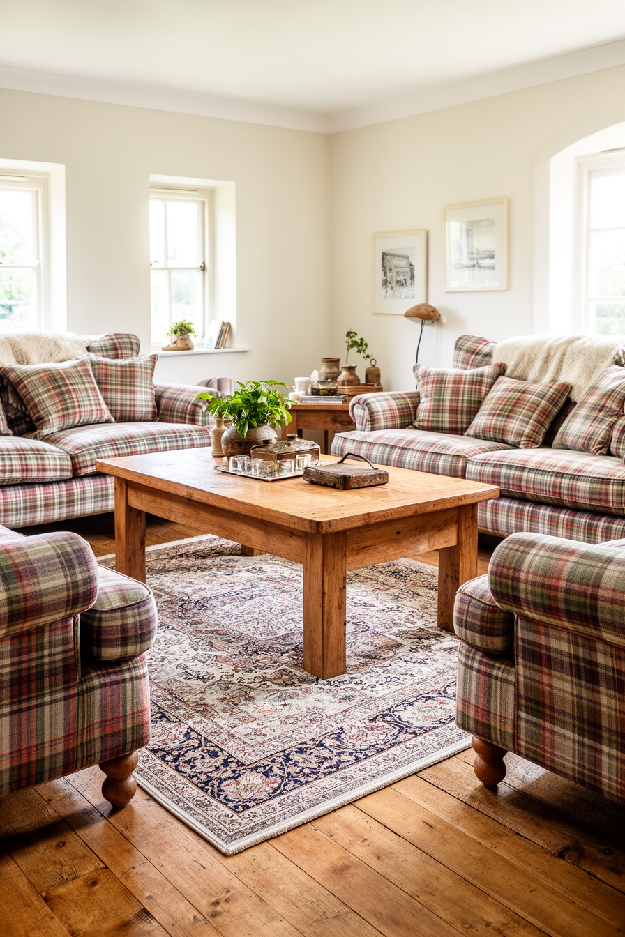 Wohnzimmer im englischen Landhausstil mit karierten Sofas