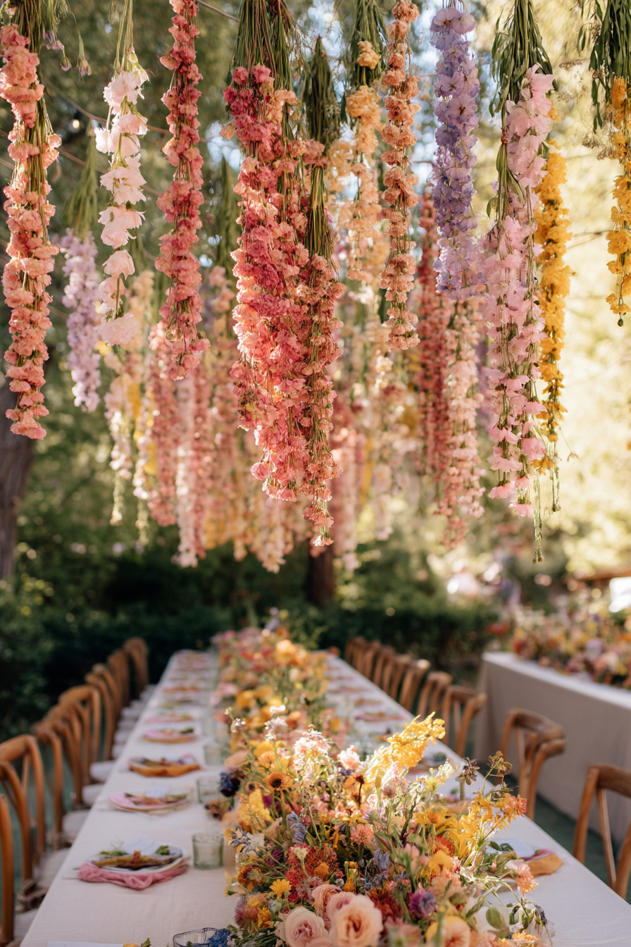 Blumengirlanden über Gartentisch bei Sommerparty