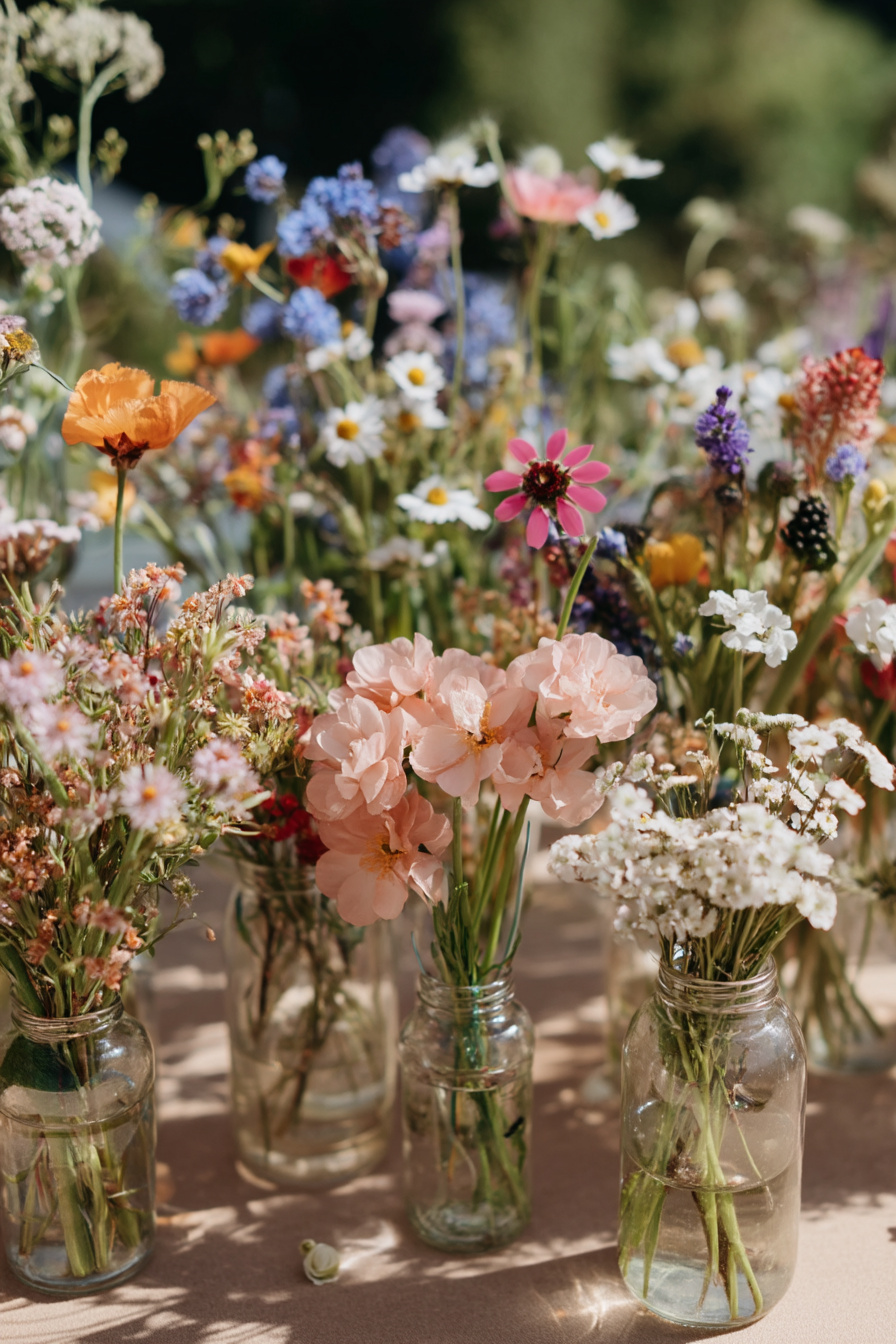 Wildblumen in Glasflaschen als Tischdeko Gartenparty