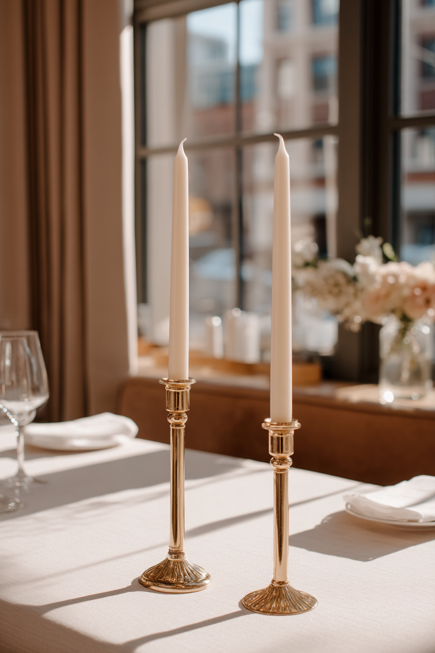 Goldene Kerzenständer mit weißen Kerzen auf Hochzeitstisch