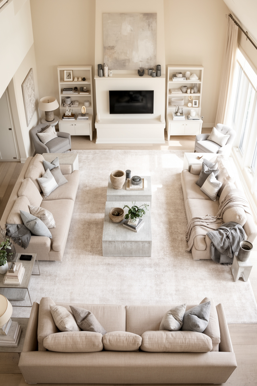 Großes Wohnzimmer in Beige-Grau mit Landhausstil