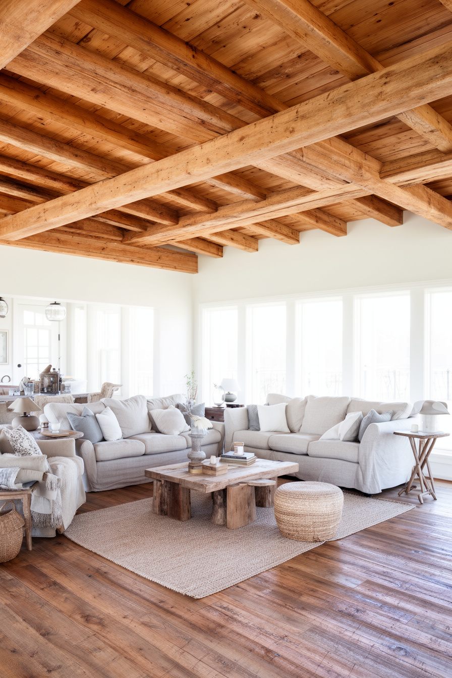 Modernes Landhaus Wohnzimmer mit Holzbalken und großzügigem Schnitt