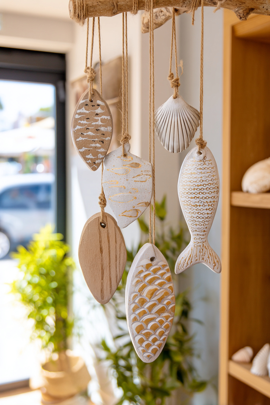 Mobile aus Holzfischen und Muscheln als Sommerdeko