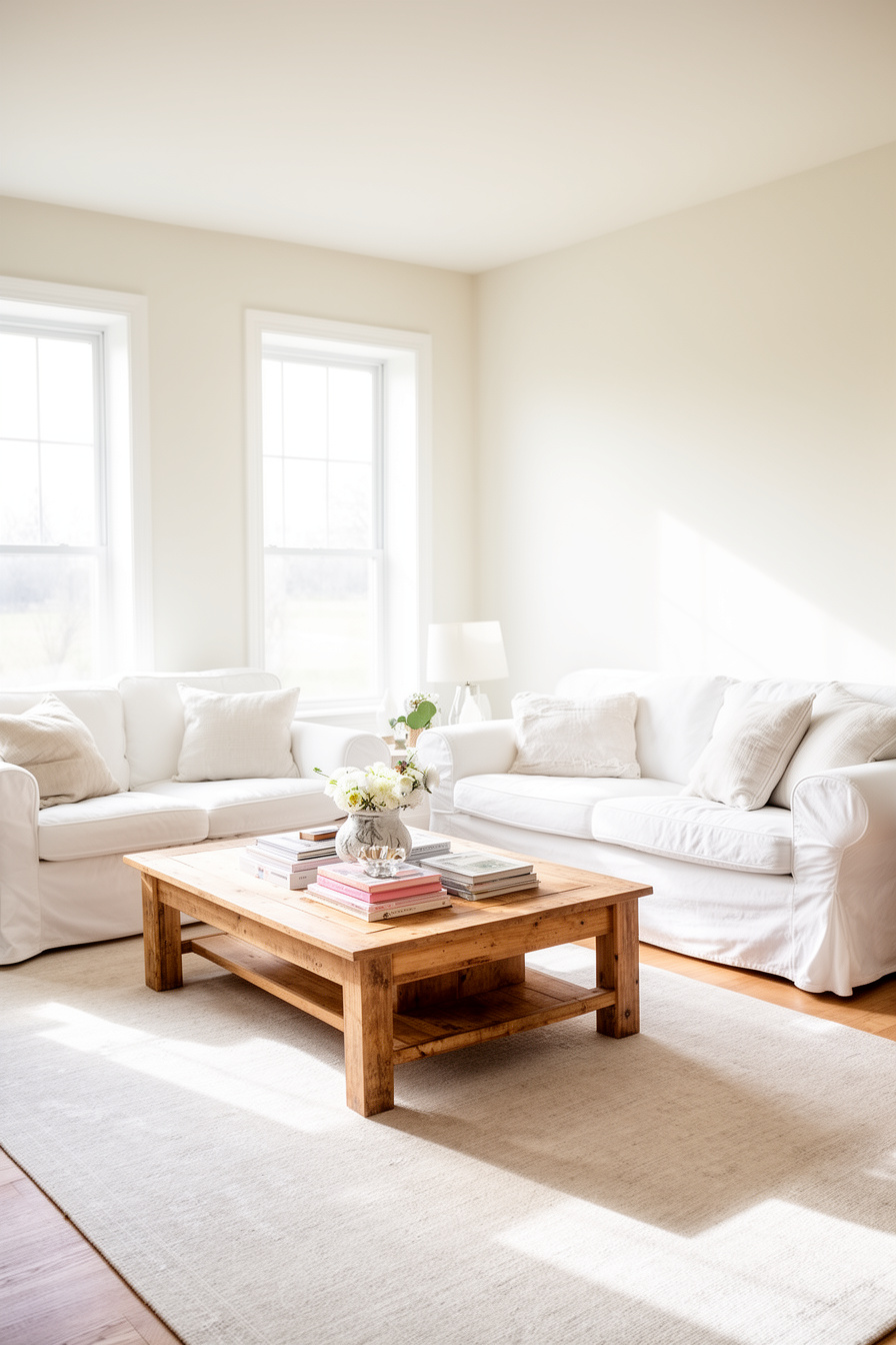 Helles Landhaus Wohnzimmer mit weißen Sofas und Holztisch