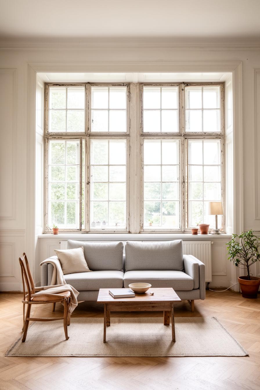 Wohnzimmer mit historischen Sprossenfenstern und viel Licht