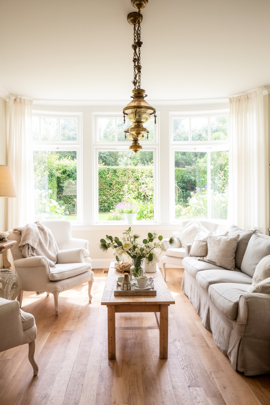 Helles Landhaus-Wohnzimmer mit Gartenblick und Retro-Leuchten