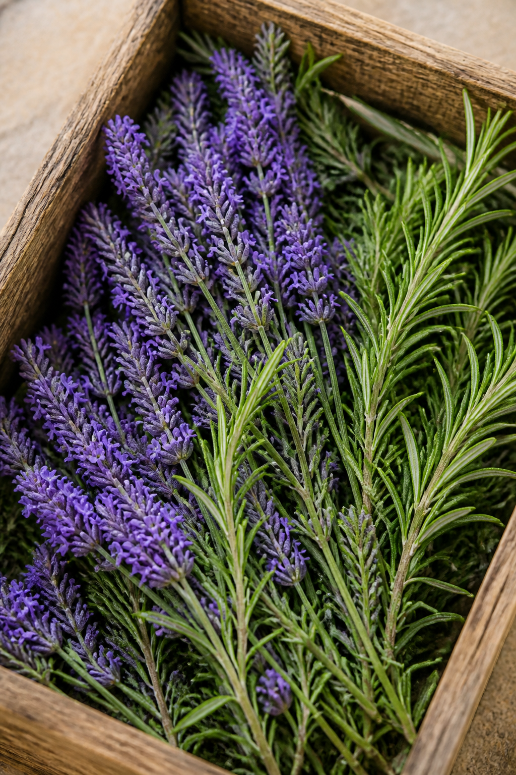 Holzbox mit Lavendel und Rosmarin als Tischdeko