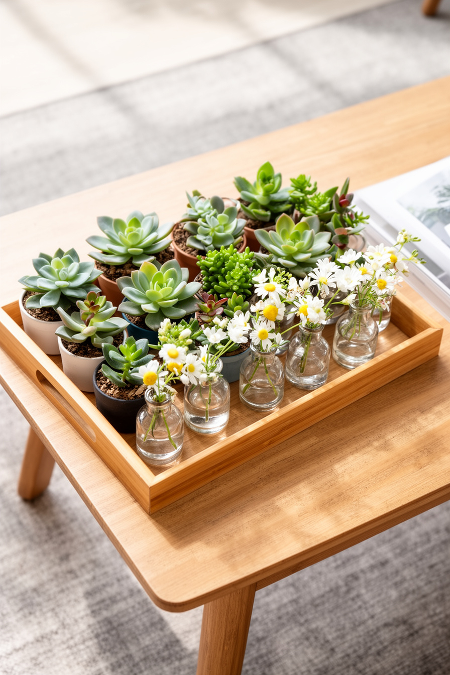 Holztablett mit Sukkulenten und Mini-Blumenvasen als Sommerdeko